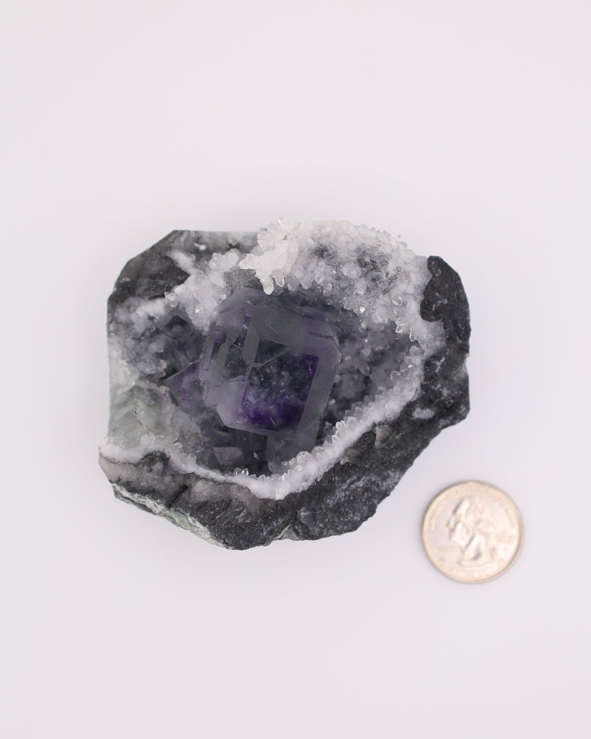 Truncated Cube Purple Fluorite Phantom with Druzy Quartz Matrix