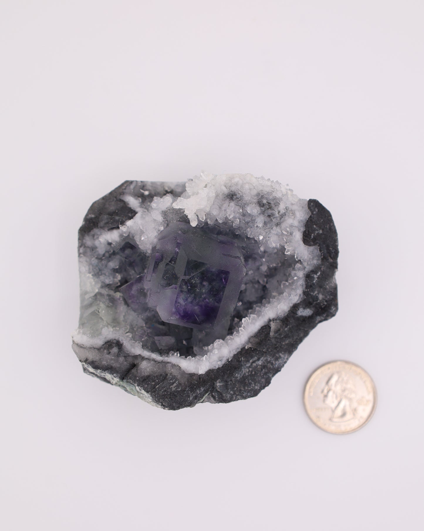 Truncated Cube Purple Fluorite Phantom with Druzy Quartz Matrix