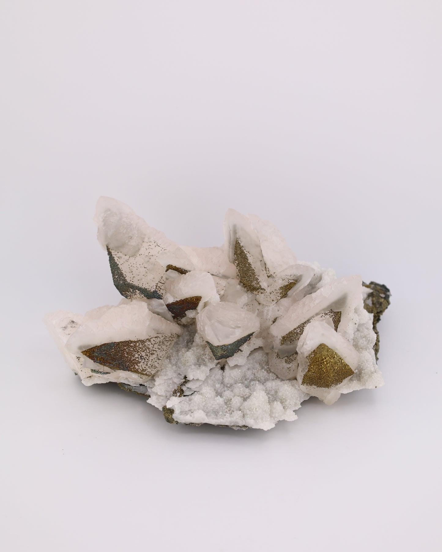 Dogtooth Calcite with Iridescent Pyrite, Pagoda Quartz & Druzy Quartz