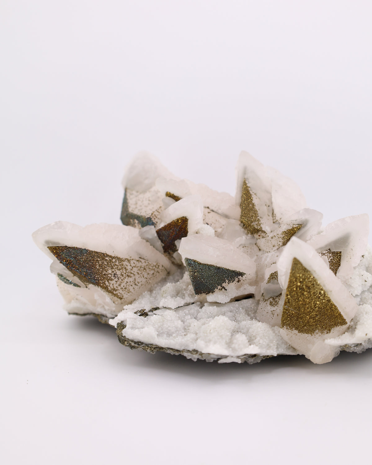 Dogtooth Calcite with Iridescent Pyrite, Pagoda Quartz & Druzy Quartz