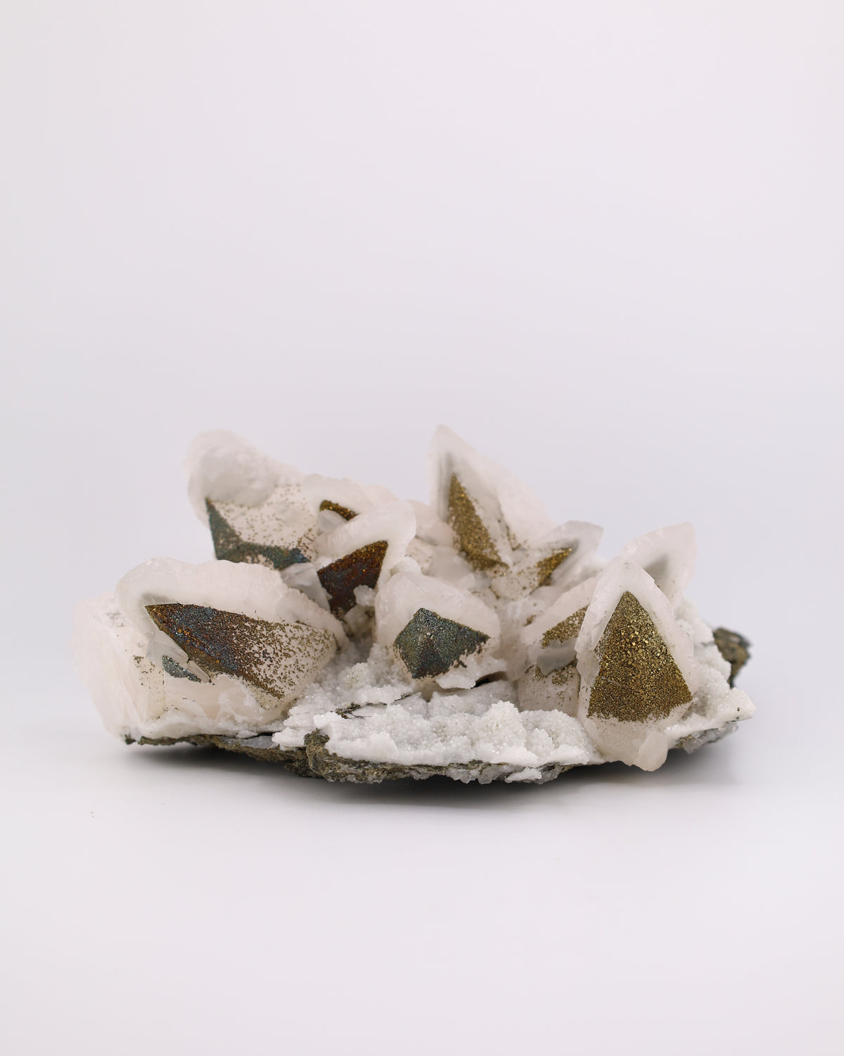 Dogtooth Calcite with Iridescent Pyrite, Pagoda Quartz & Druzy Quartz