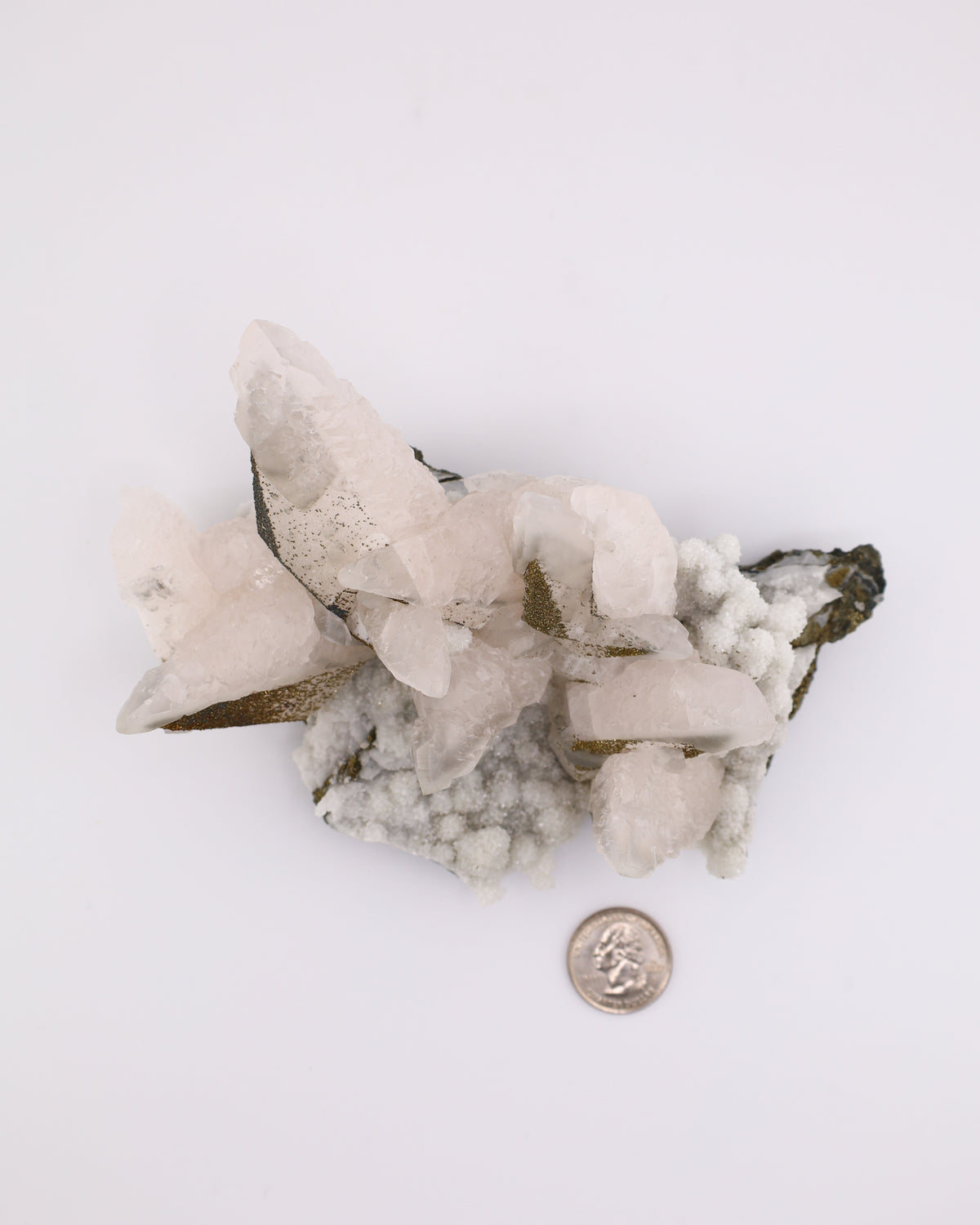 Dogtooth Calcite with Iridescent Pyrite, Pagoda Quartz & Druzy Quartz