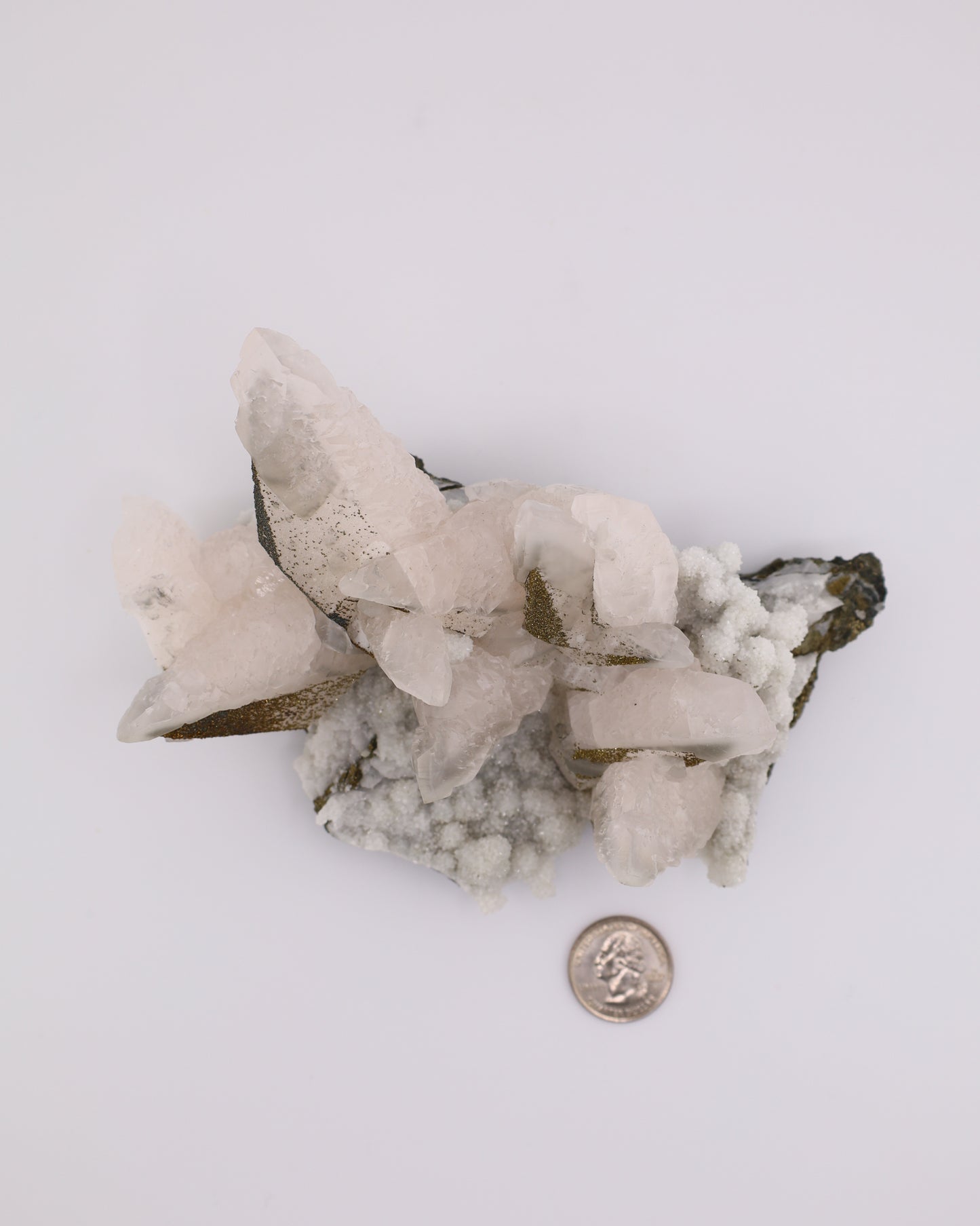 Dogtooth Calcite with Iridescent Pyrite, Pagoda Quartz & Druzy Quartz