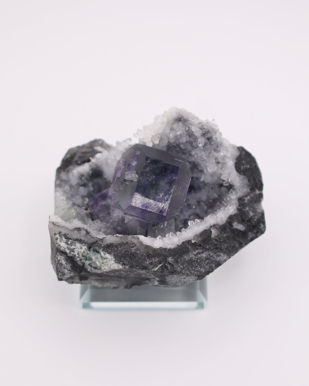 Truncated Cube Purple Fluorite Phantom with Druzy Quartz Matrix