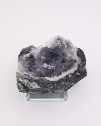 Truncated Cube Purple Fluorite Phantom with Druzy Quartz Matrix