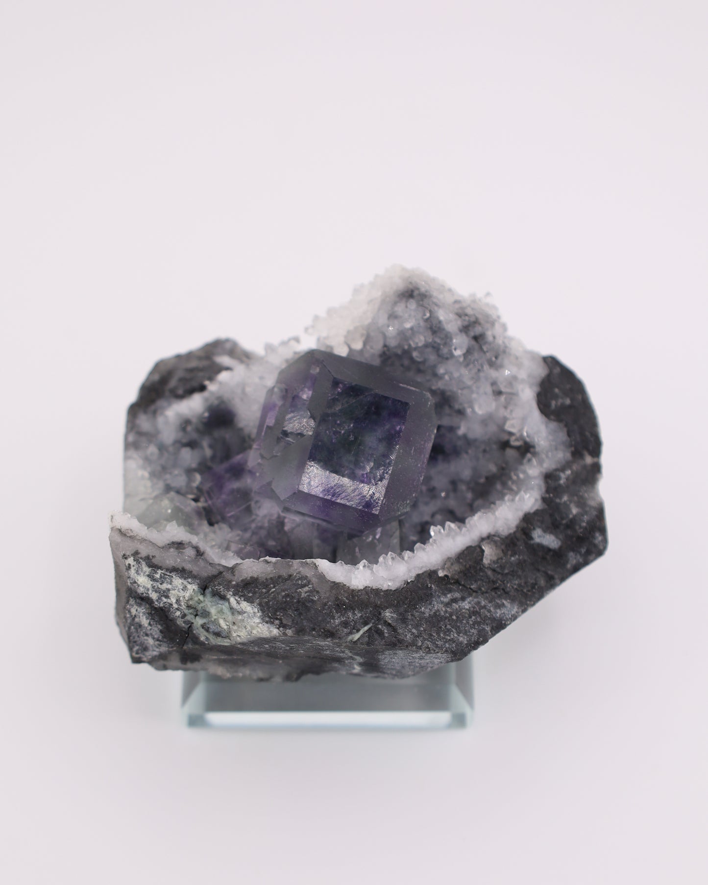 Truncated Cube Purple Fluorite Phantom with Druzy Quartz Matrix