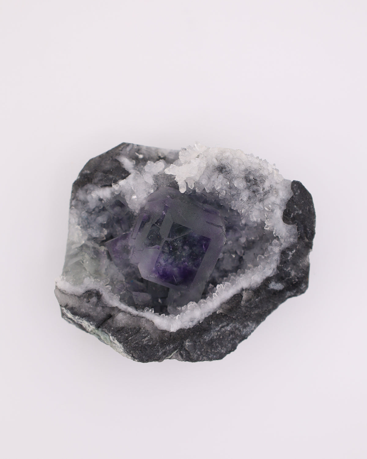 Truncated Cube Purple Fluorite Phantom with Druzy Quartz Matrix