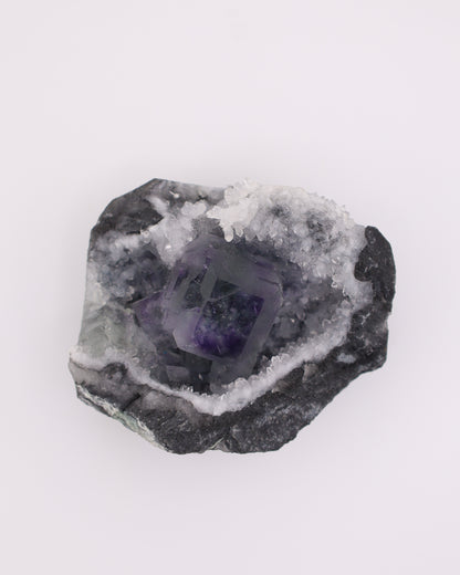Truncated Cube Purple Fluorite Phantom with Druzy Quartz Matrix