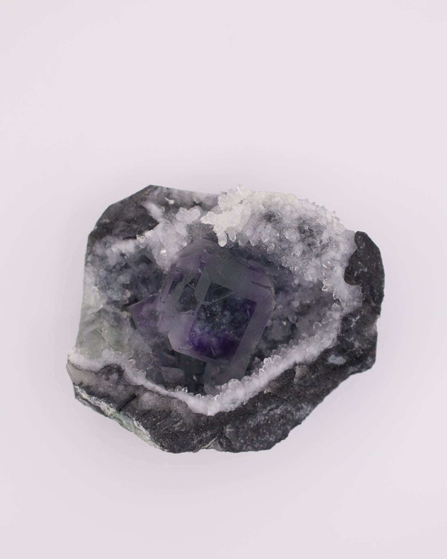 Truncated Cube Purple Fluorite Phantom with Druzy Quartz Matrix