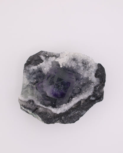 Truncated Cube Purple Fluorite Phantom with Druzy Quartz Matrix