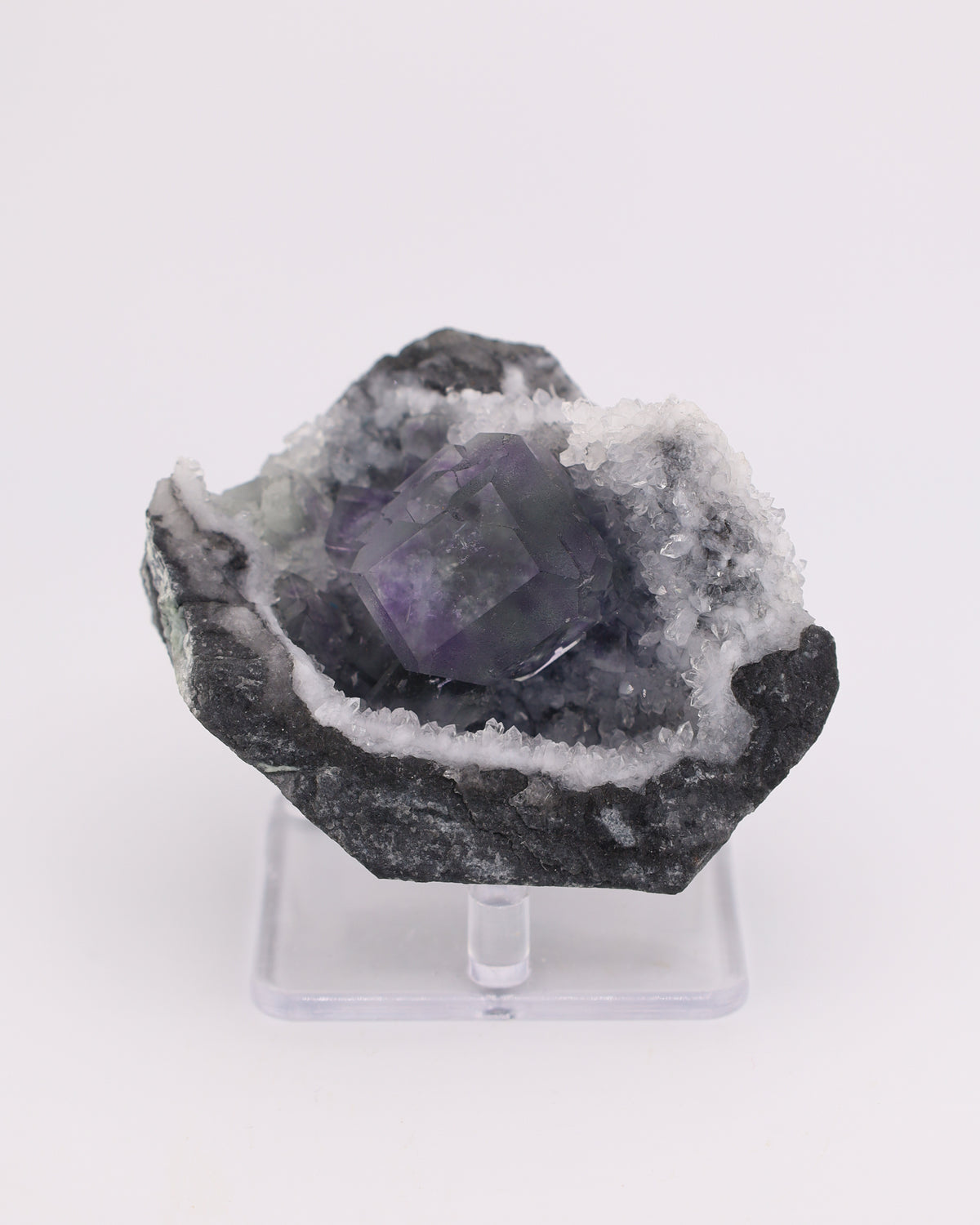 Truncated Cube Purple Fluorite Phantom with Druzy Quartz Matrix