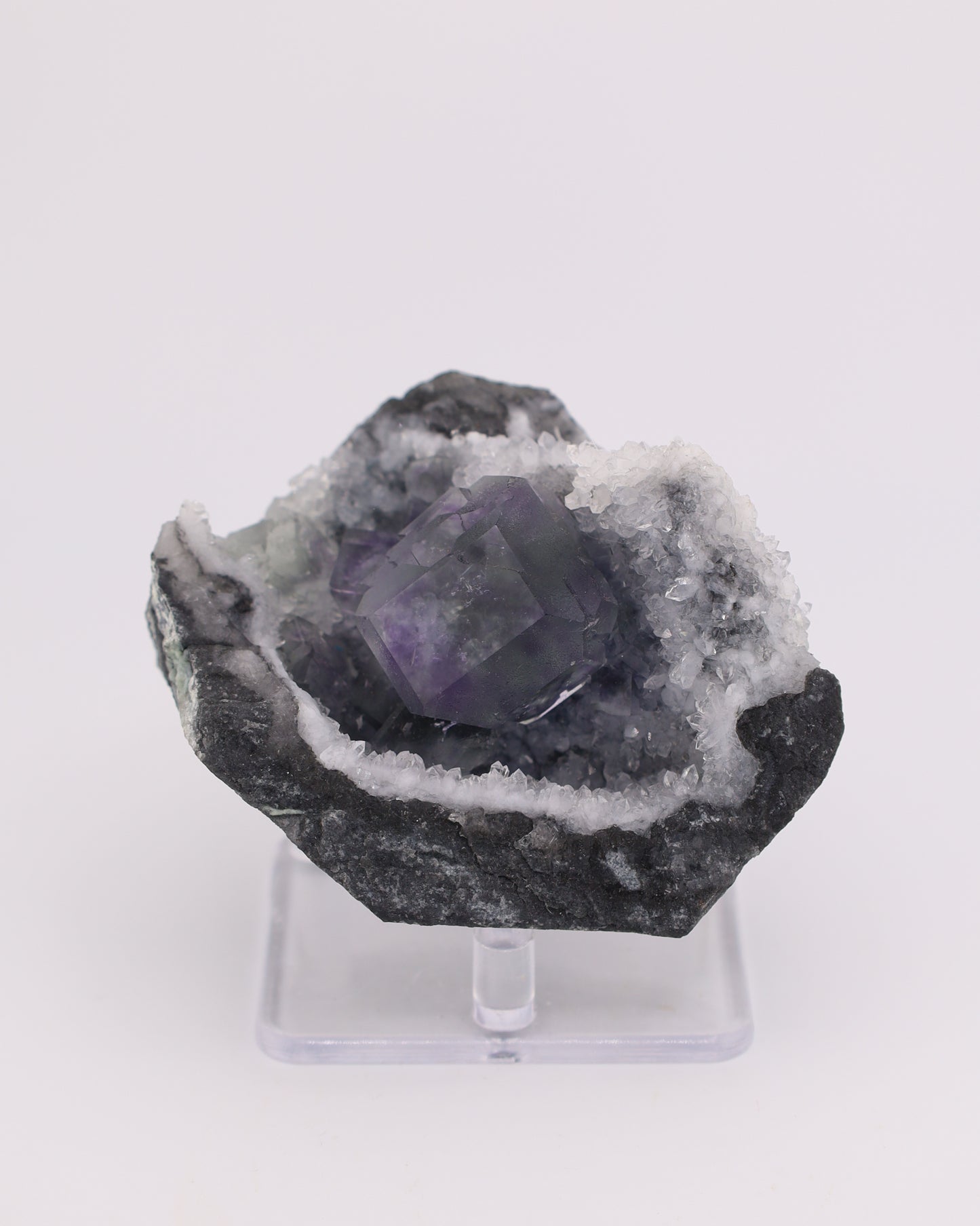 Truncated Cube Purple Fluorite Phantom with Druzy Quartz Matrix