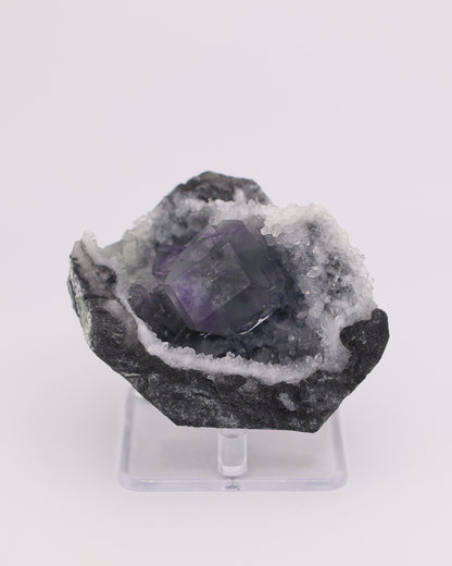 Truncated Cube Purple Fluorite Phantom with Druzy Quartz Matrix