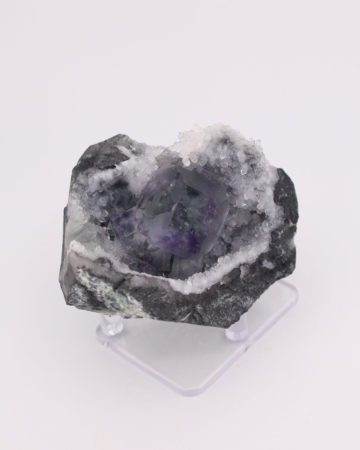 Truncated Cube Purple Fluorite Phantom with Druzy Quartz Matrix