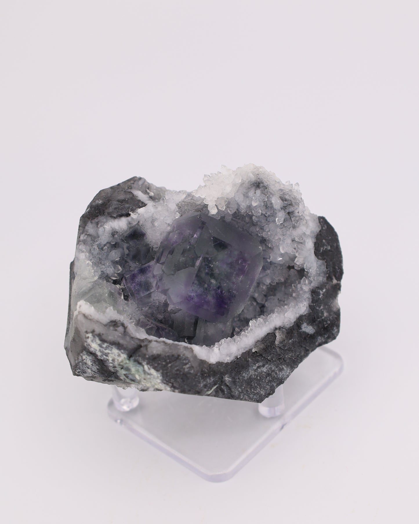 Truncated Cube Purple Fluorite Phantom with Druzy Quartz Matrix