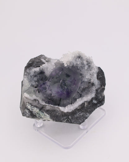 Truncated Cube Purple Fluorite Phantom with Druzy Quartz Matrix