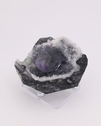 Truncated Cube Purple Fluorite Phantom with Druzy Quartz Matrix