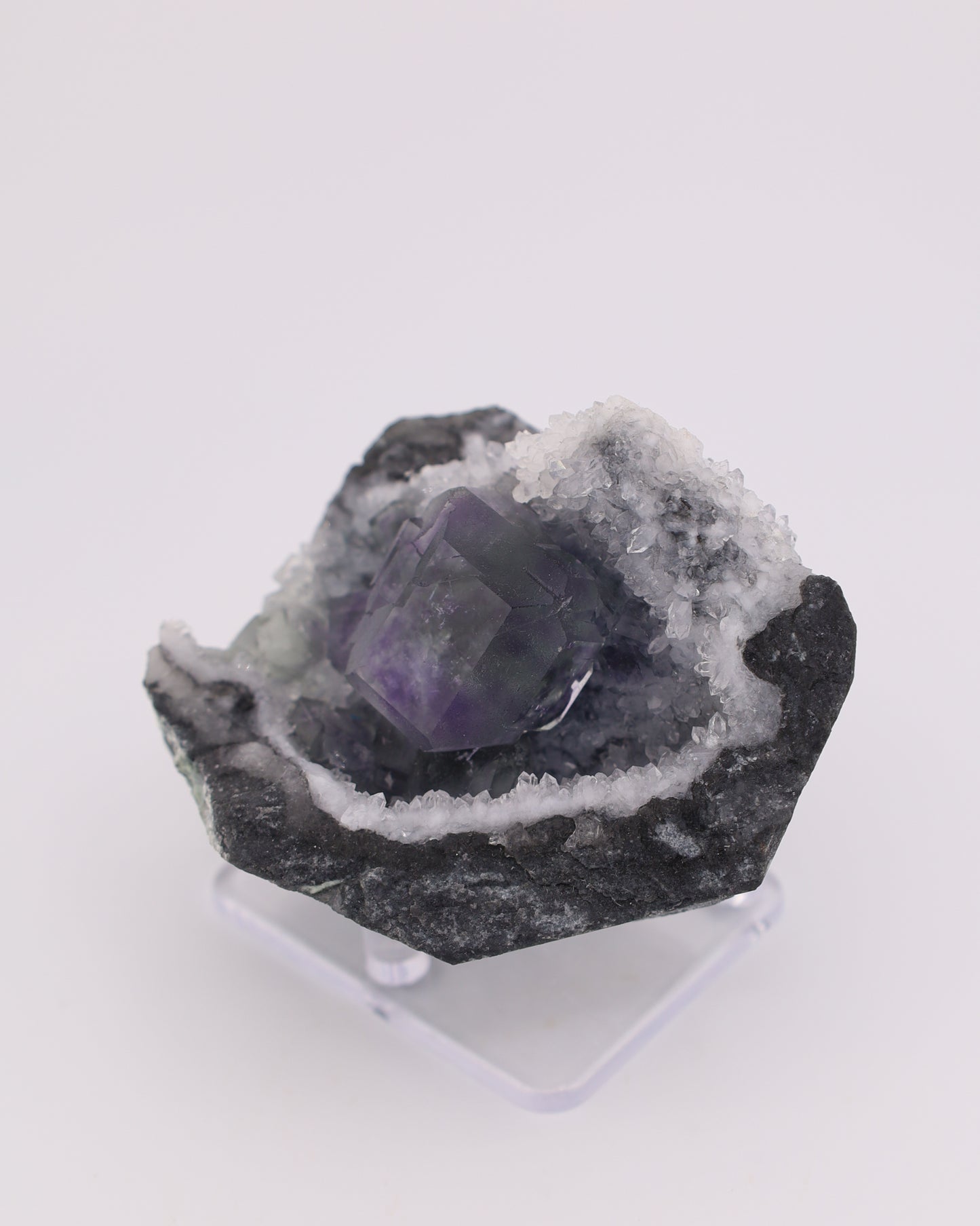 Truncated Cube Purple Fluorite Phantom with Druzy Quartz Matrix