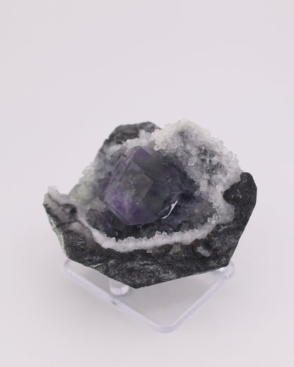 Truncated Cube Purple Fluorite Phantom with Druzy Quartz Matrix